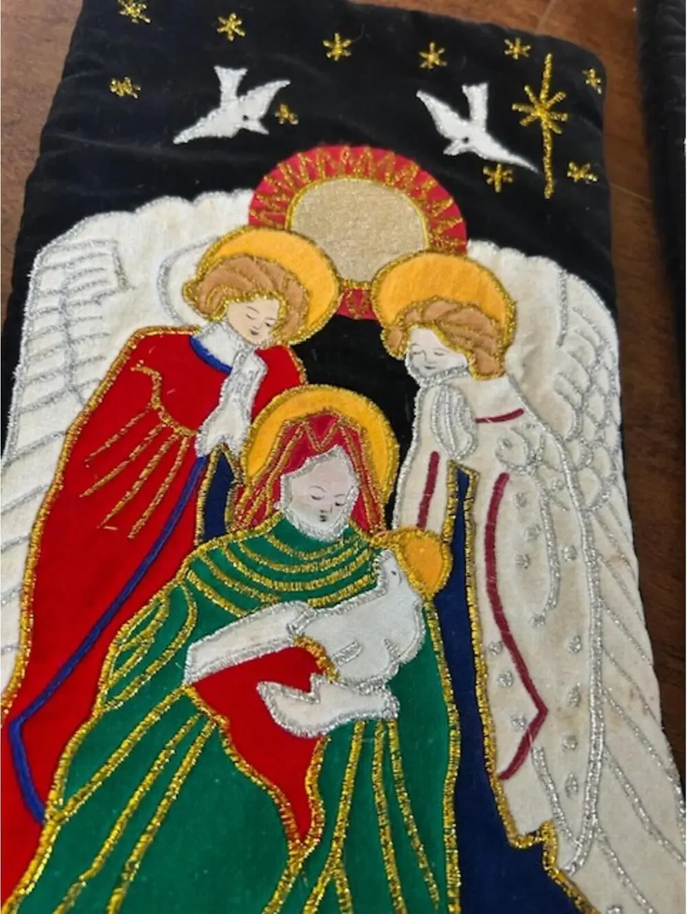 Vintage Embroidered Christmas Stockings with Nativity Scene Set of 2